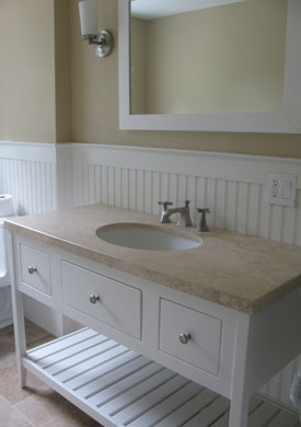 48" white open style bathroom vanity with a marble top