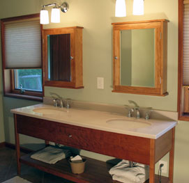open vanity with 2 medicine cabinets